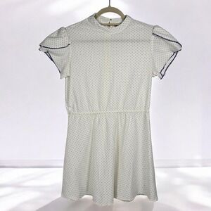 Vintage‎ White Polka Dot Dress Short Sleeve Mock Neck Elastic Waist Ruffle Trim